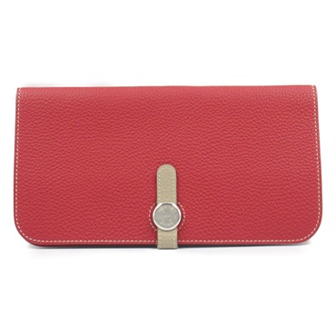 HERMES Dogon Long Bi-fold Wallet Togo leather Red Gris tourterelle Used M SHW