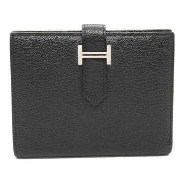 HERMES Bearn Compact Bi-fold Wallet purse C Chevre leather Black Used SHW