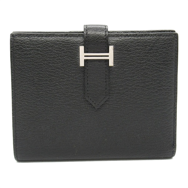 HERMES Bearn Compact Bi-fold Wallet purse C Chevre leather Black Used SHW