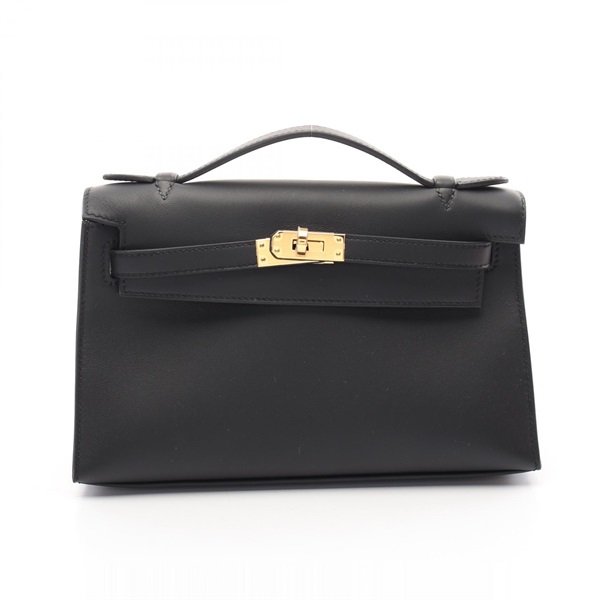 HERMES Pochette Kelly Mini Hand bag W 049417CC Swift leather Black GHW