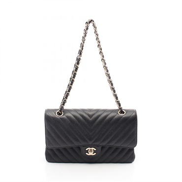 CHANEL Chevron V-stitch W-flap Shoulder Bag A01166 Grained calf Black Used Women