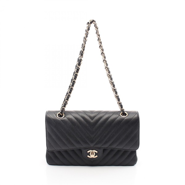 CHANEL Chevron V-stitch W-flap Shoulder Bag A01166 Grained calf Black Used Women
