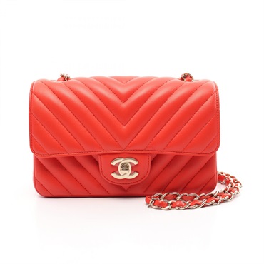 CHANEL V-Stitch Chevron chain crossbody Shoulder Bag Lambskin Red Used GHW