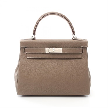 HERMES Kelly 28 Hand bag Z Inside stitched Togo leather Etoupe Grey Used SHW