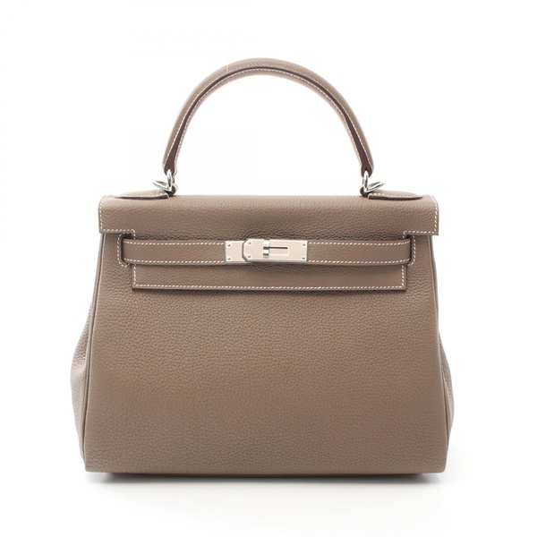 HERMES Kelly 28 Hand bag Z Inside stitched Togo leather Etoupe Grey Used SHW