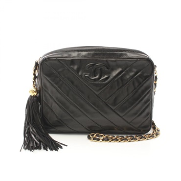 CHANEL V stitch chain crossbody Shoulder Bag tassel Lambskin Black Used GHW
