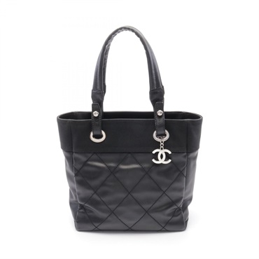 CHANEL Paris Biarritz PM Tote shoulder Bag A34208 canvas leather Black Used SHW