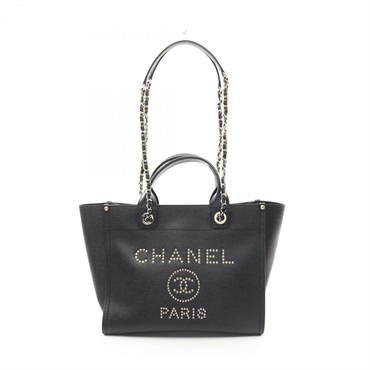 CHANEL Deauville 2way chain Tote Bag A57069 leather Black Used Women GHW CC Coco