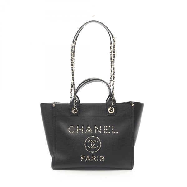 CHANEL Deauville 2way chain Tote Bag A57069 leather Black Used Women GHW CC Coco