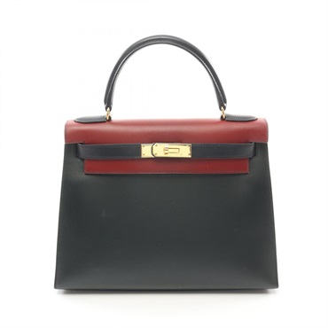 HERMES Kelly 28 Tricolor Vert Rouge H Blue Indigo Handbag Box calf leather Used