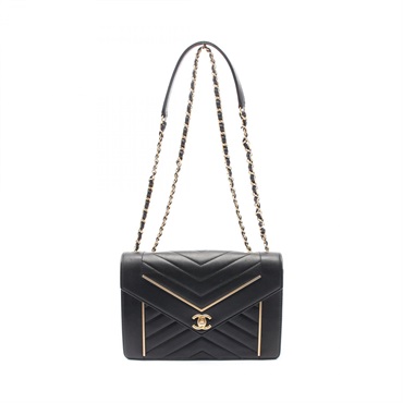 CHANEL Chevron V Stitch Chain Shoulder Bag leather Black Used Women GHW CC