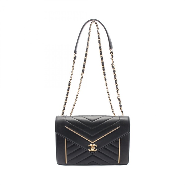 CHANEL Chevron V Stitch Chain Shoulder Bag leather Black Used Women GHW CC