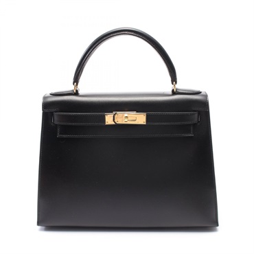 HERMES Kelly 28 Hand shoulder bag A Outside stitched Box calf Black Used GHW