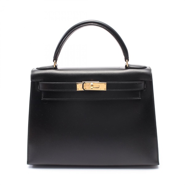 HERMES Kelly 28 Hand shoulder bag A Outside stitched Box calf Black Used GHW