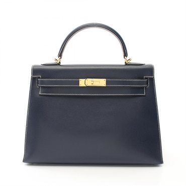 HERMES Kelly 32 2way shoulder Handbag Graine Lisse leather Navy Used Women F GHW