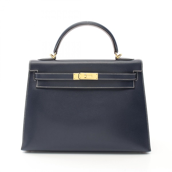 HERMES Kelly 32 2way shoulder Handbag Graine Lisse leather Navy Used Women F GHW
