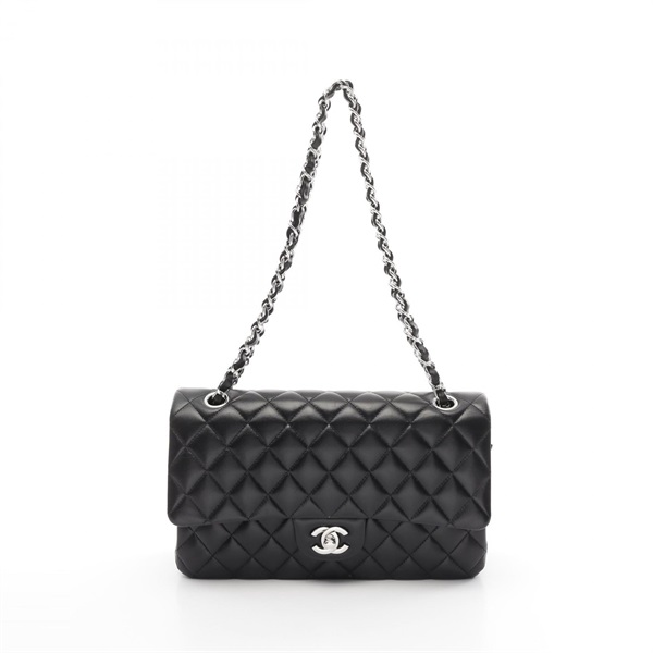 CHANEL Matelasse W flap Chain Shoulder Bag A01112 leather Black Used Women SHW
