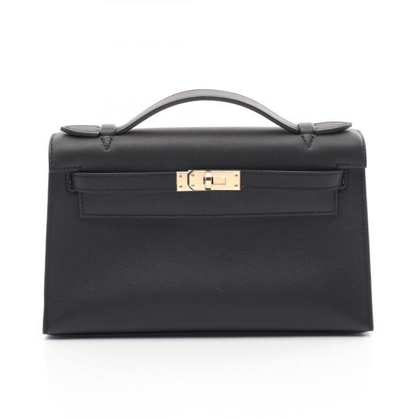 HERMES Pochette Kelly Mini Handbag Swift leather Black Used Women W GHW