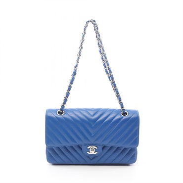 CHANEL Chevron V-stitch W-flap Shoulder Bag A01166 Grained calfskin Blue Used CC