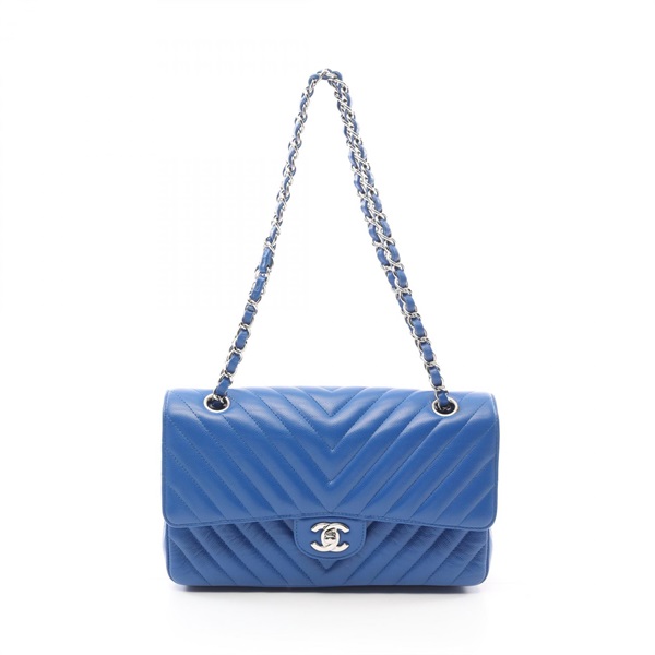 CHANEL Chevron V-stitch W-flap Shoulder Bag A01166 Grained calfskin Blue Used CC