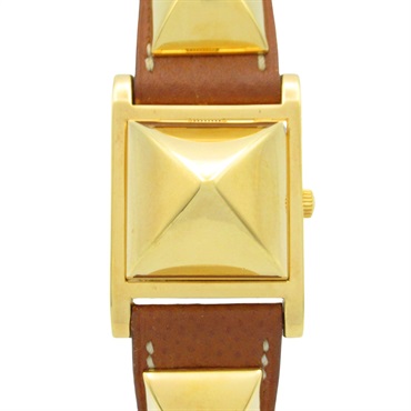 HERMES Medor Wrist Watch ME1.201 Quartz Gold Plated Leather belt Used Women