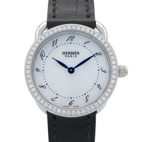 HERMES Arceau Diamond Bezel Wrist Watch AR5.230 Quartz SS leather Used Women