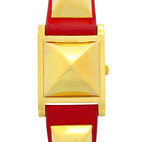HERMES Medor Wrist Watch ME1.201 Quartz Gold Plated Leather Used Women