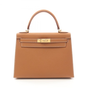 HERMES Kelly28 Gold Handbag Epsom Leather Brown Used Women