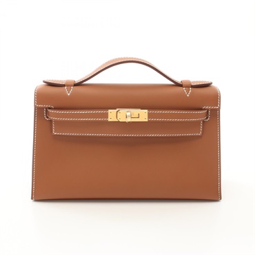 HERMES Pochette Kelly Mini Hand bag W Swift leather Brown Gold GHW