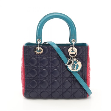Christian Dior LADY DIOR Cannage 2way Handbag M0550PTRI leather Navy Pink Used
