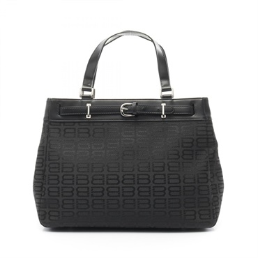 BALENCIAGA BB pattern Hand Tote Bag canvas leather Black Used Women
