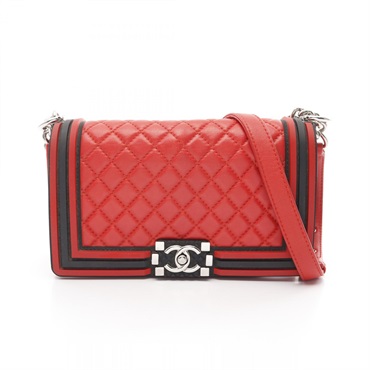 CHANEL Boy chanel Shoulder Bag A67086 Lamb skin sheep leather Red Black Used SHW