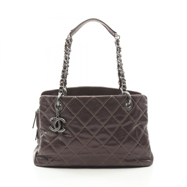 CHANEL Matelasse Chain shoulder Tote Bag leather Grained calfskin Brown Used CC