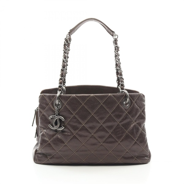 CHANEL Matelasse Chain shoulder Tote Bag leather Grained calfskin Brown Used CC