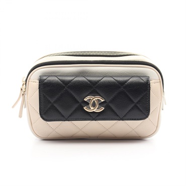 CHANEL Matelasse Waist bag AS1370 leather Beige White Black Used Women GHW CC