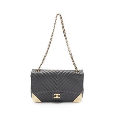 CHANEL Chevron V Stitch Chain Shoulder Bag leather Black Used Women GHW CC