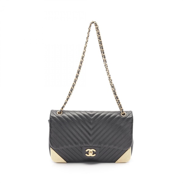 CHANEL Chevron V Stitch Chain Shoulder Bag leather Black Used Women GHW CC
