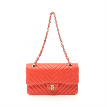 CHANEL Chevron V-stitch W-flap chain Shoulder Bag A01166 Lambskin Orange GHW