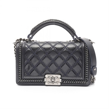 CHANEL Boy Chanel Top Handle 2way Shoulder Bag A94804 leather Navy Used Women CC