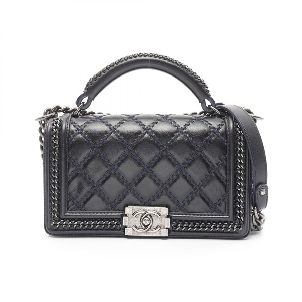 CHANEL Boy Chanel Top Handle 2way Shoulder Bag A94804 leather Navy Used Women CC
