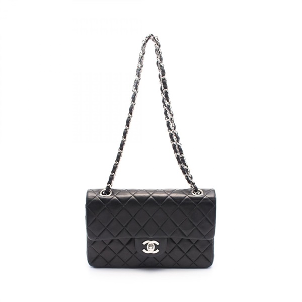 CHANEL Matelasse W flap chain Shoulder Bag A01113 Lambskin Black Used SHW