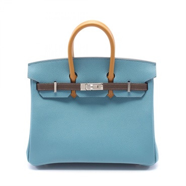 HERMES Birkin 25 Tricolor New Blue Jean Handbag Clemence leather used W SHW