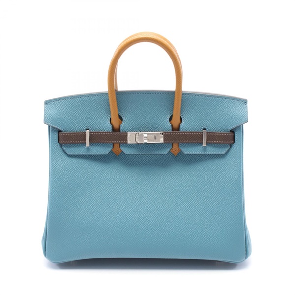 HERMES Birkin 25 Tricolor New Blue Jean Handbag Clemence leather used W SHW
