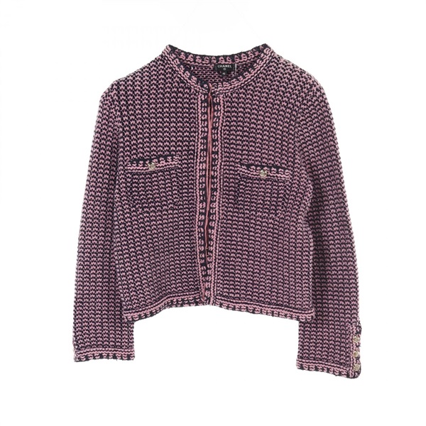 CHANEL COCO Mark button cardigan P70487K10067 cashmere cotton Pink Navy Used #42