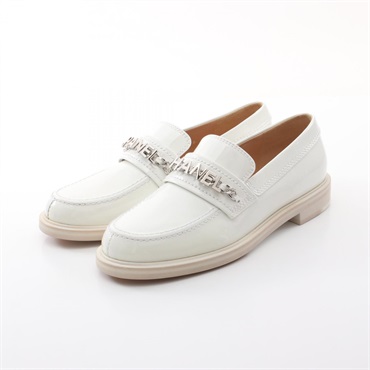 CHANEL logo loafers Shoes G37430 Patent leather White Used Women size 37