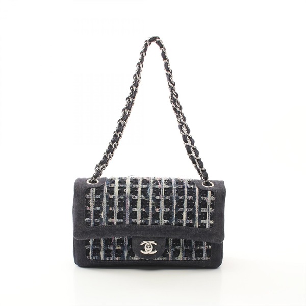 CHANEL Matelasse W flap chain Shoulder Bag A01112 denim tweed Navy Used SHW