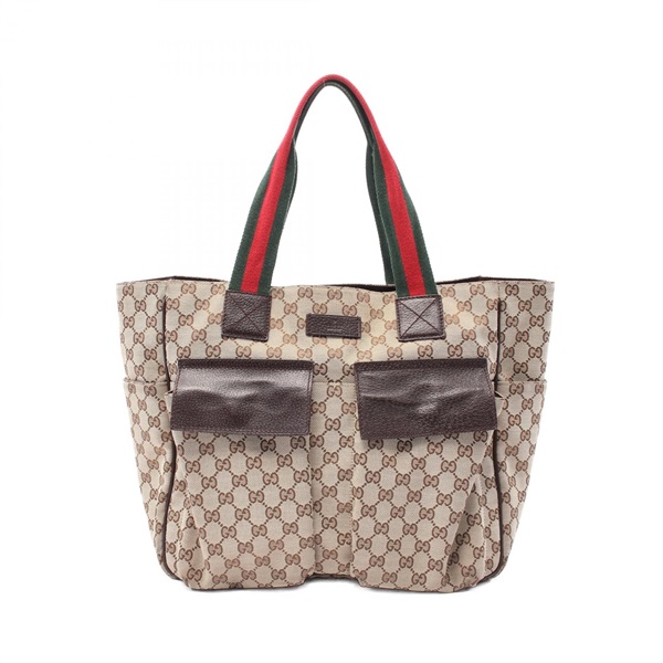 GUCCI Shelly line GG canvas Hand Tote Bag 161836 leather Beige Brown Used Women