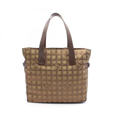 CHANEL New travel line GM Tote Bag A15825 leather Nylon canvas Khaki Brown Used