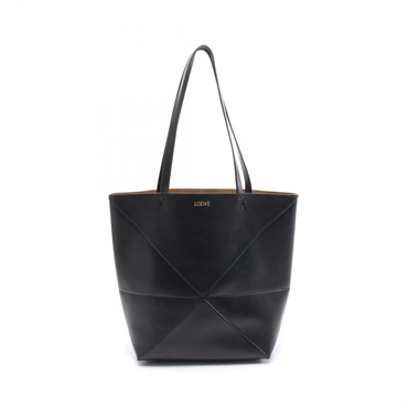 LOEWE Puzzle fold Tote Medium Hand shoulder Bag leather Black Used Women logo