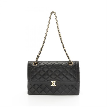 CHANEL Matelasse W flap Chain Shoulder Bag Lamb sheep leather Black Used GHW CC